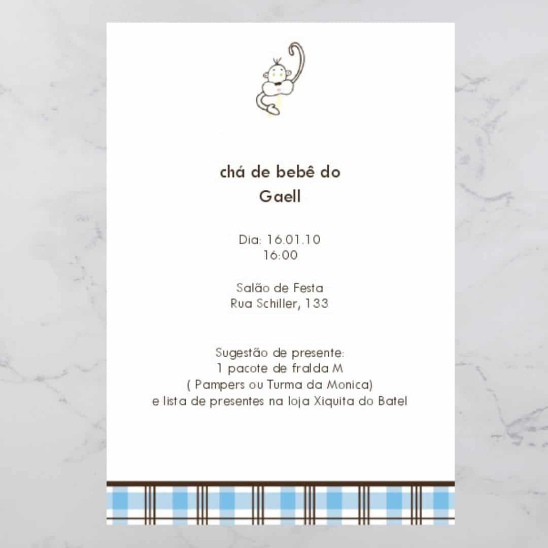 Convite Chá Bebê/ Fraldas - Modelo Convite Gael - Cha de Bebê/ Fraldas