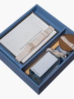 Kit Padrinho personalizado IV interior da caixa com difusor, vela, varetas, porta retrato e caixa de MDF revestida com linho azul