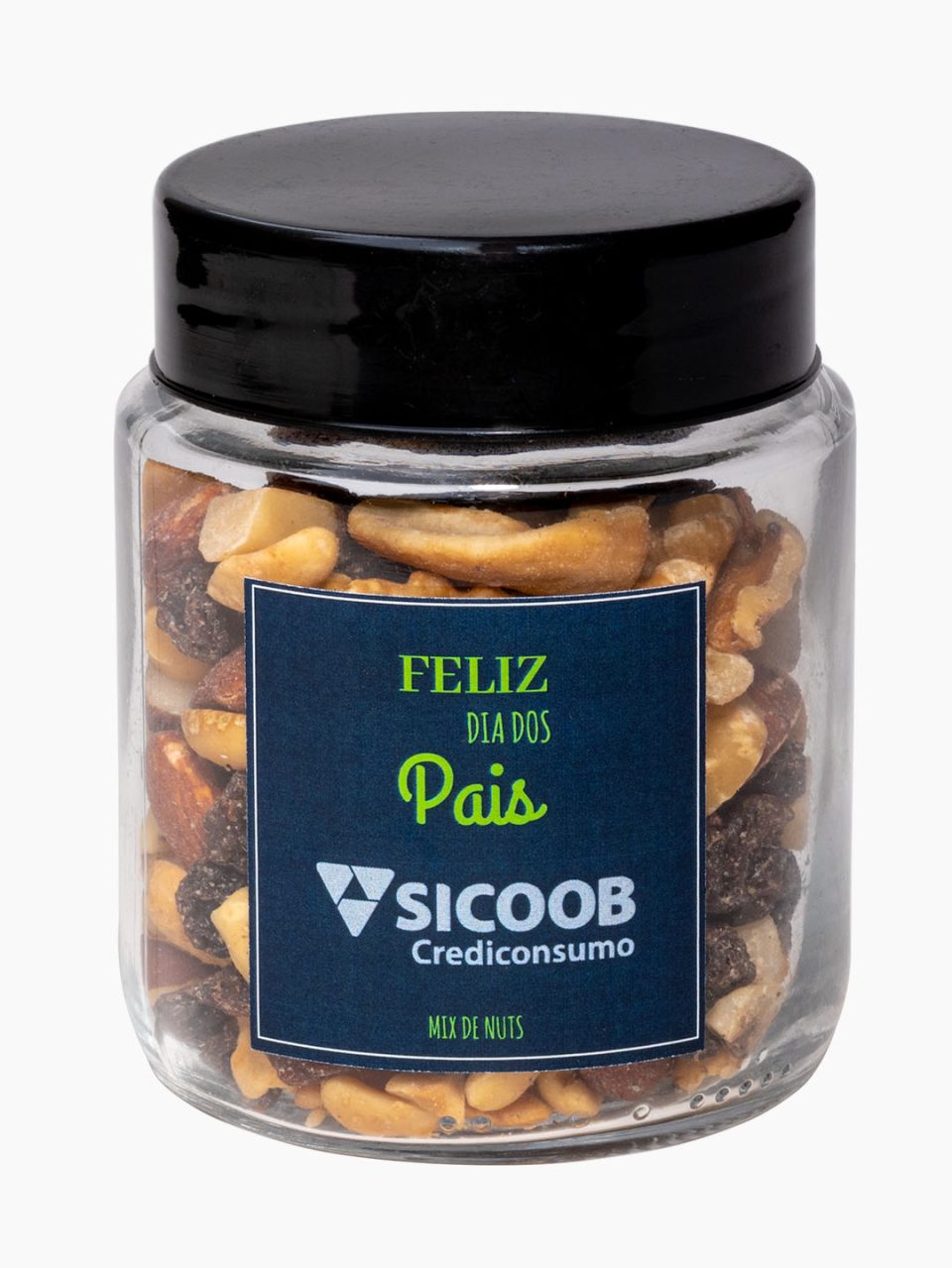 Mix de nuts em pote de vidro com rótulo personalizado para o dia dos pais 2023 da Sicoob