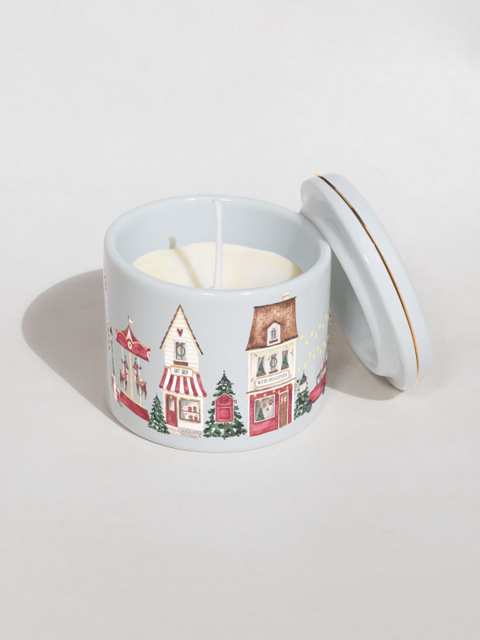 Vela Christmas Village em pote liso de porcelana