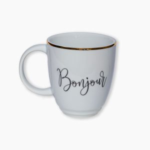 Caneca Atlanta Personalizada com mensagem Bonjour e filete de ouro