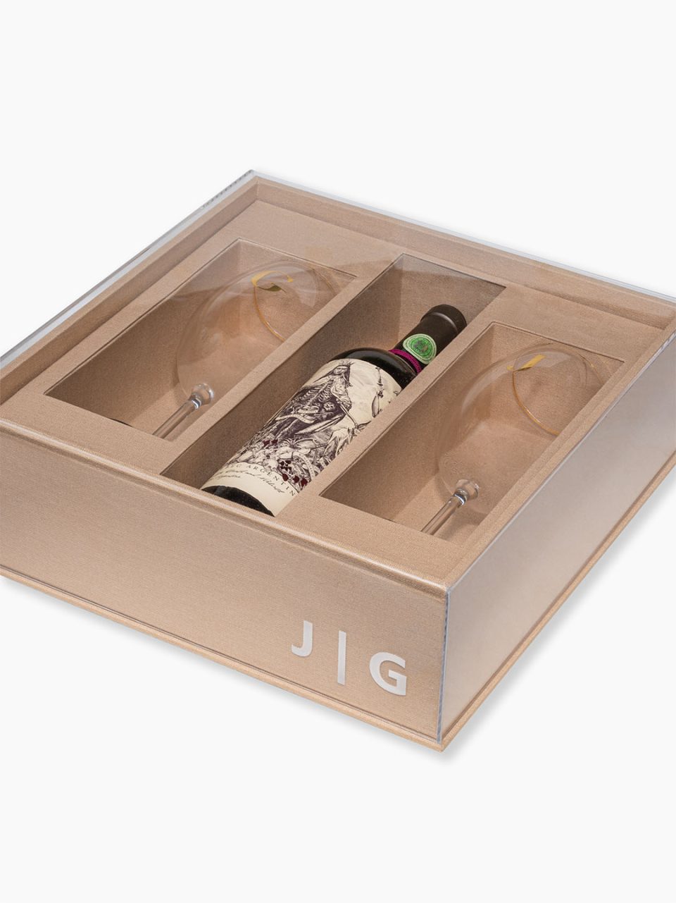 Kit Festejar II para casal : caixa de MDF forrada com linho + tampa de acrílico, taças de cristal para vinho tinto + espaço para vinho