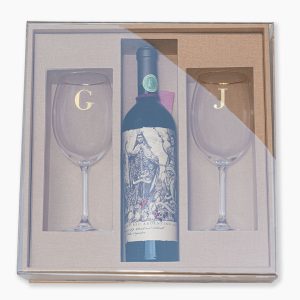 Kit Festejar II para casal : caixa de MDF forrada com linho + tampa de acrílico, taças de cristal para vinho tinto + espaço para vinho