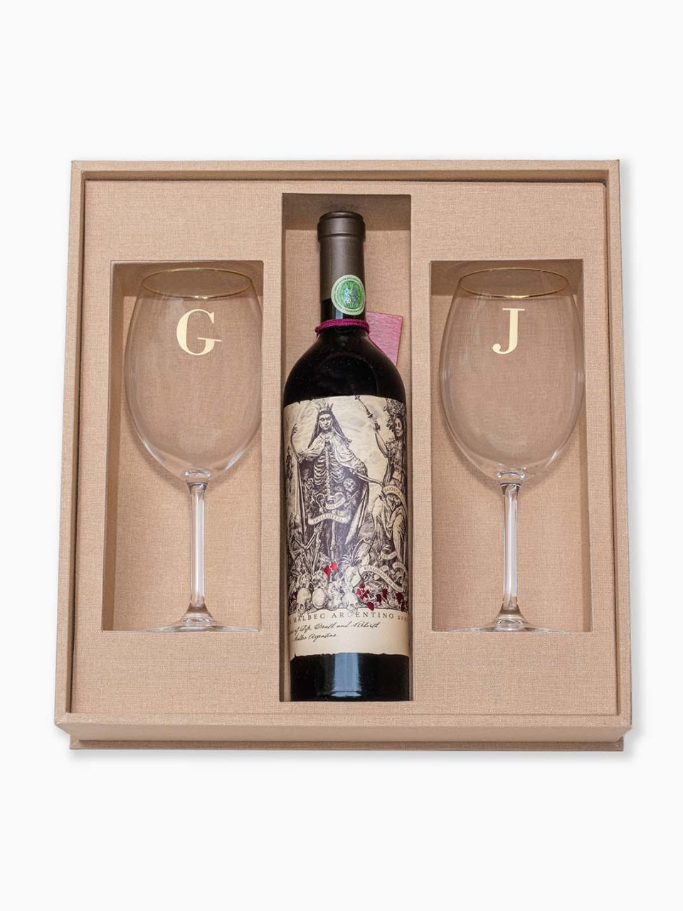 Kit Festejar II para casal : caixa de MDF forrada com linho + taças de cristal para vinho tinto + vinho