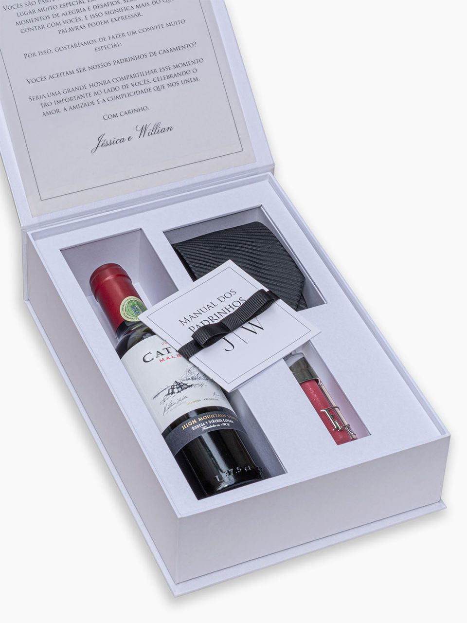 Caixa personalizada Célébrer VI - Padrinhos Casal com vinho 375, gravata e gloss, convite e manual dos padrinhos