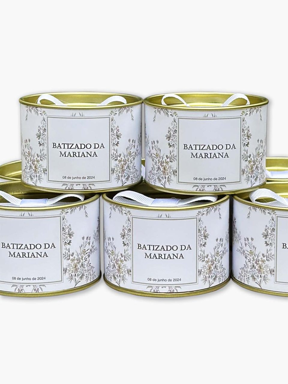 Lata Petit Gourmet personalizada para batizado com laço chanel na tampa