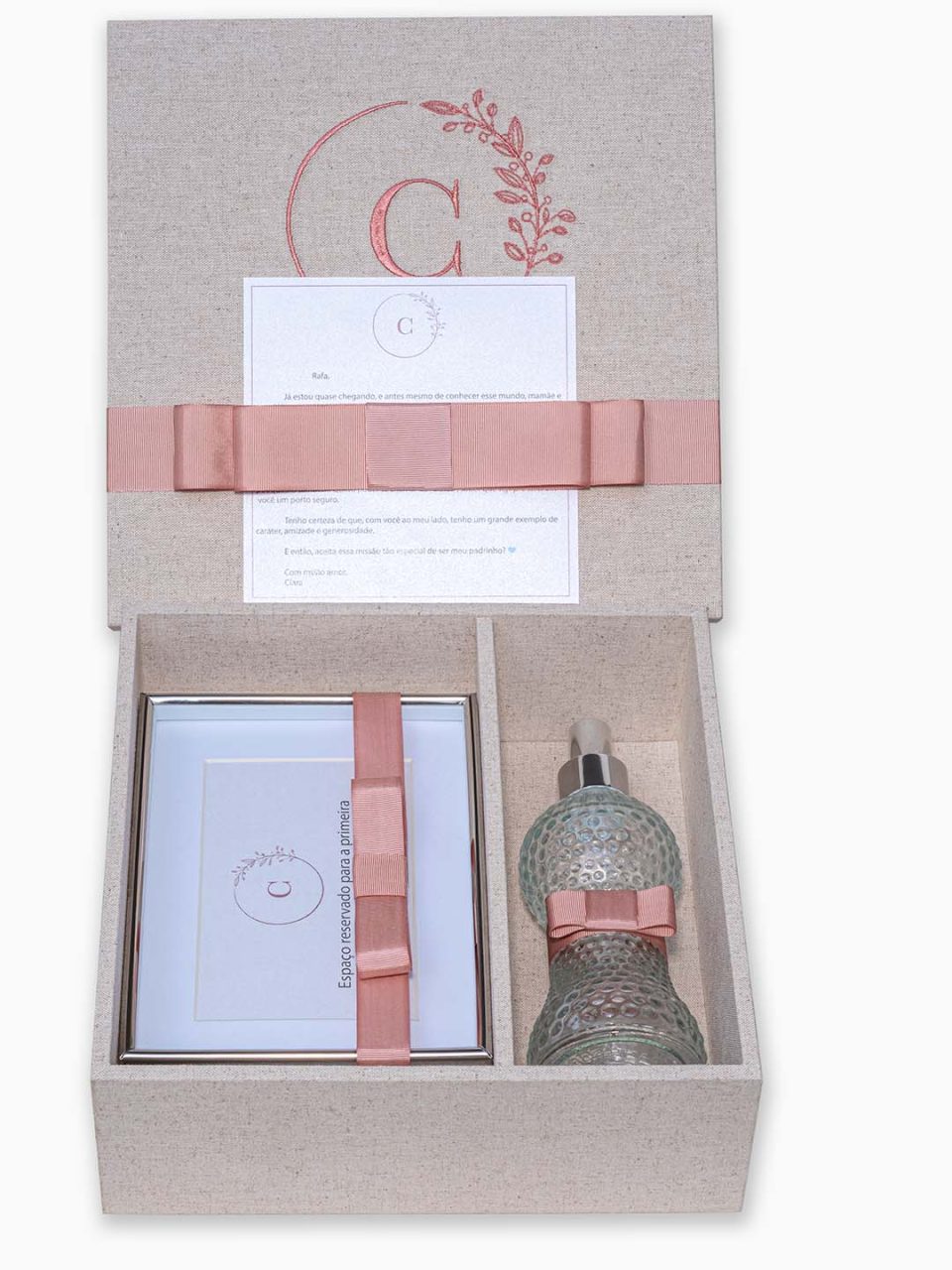 Kit Padrinho Personalizado VI em caixa de MDF forrada no linho com tampa bordada e com porta retrato, home spray, convite