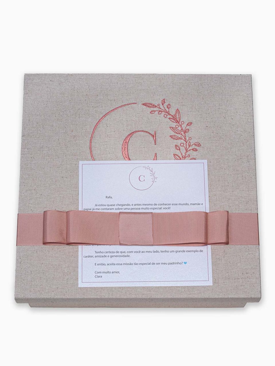 Kit Padrinho Personalizado VI em caixa de MDF forrada no linho com tampa bordada + convite