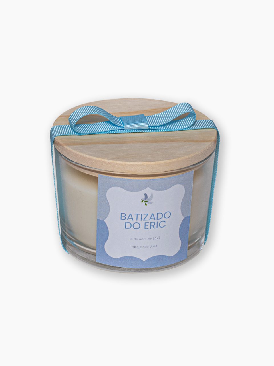 Vela Perfumada V com tampa natural, rótulo personalizado e fita