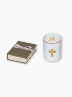 vela aromática em porcelana com crucifixo e filete de ouro + mini bíblia salmos batizado com capa forrada e fita