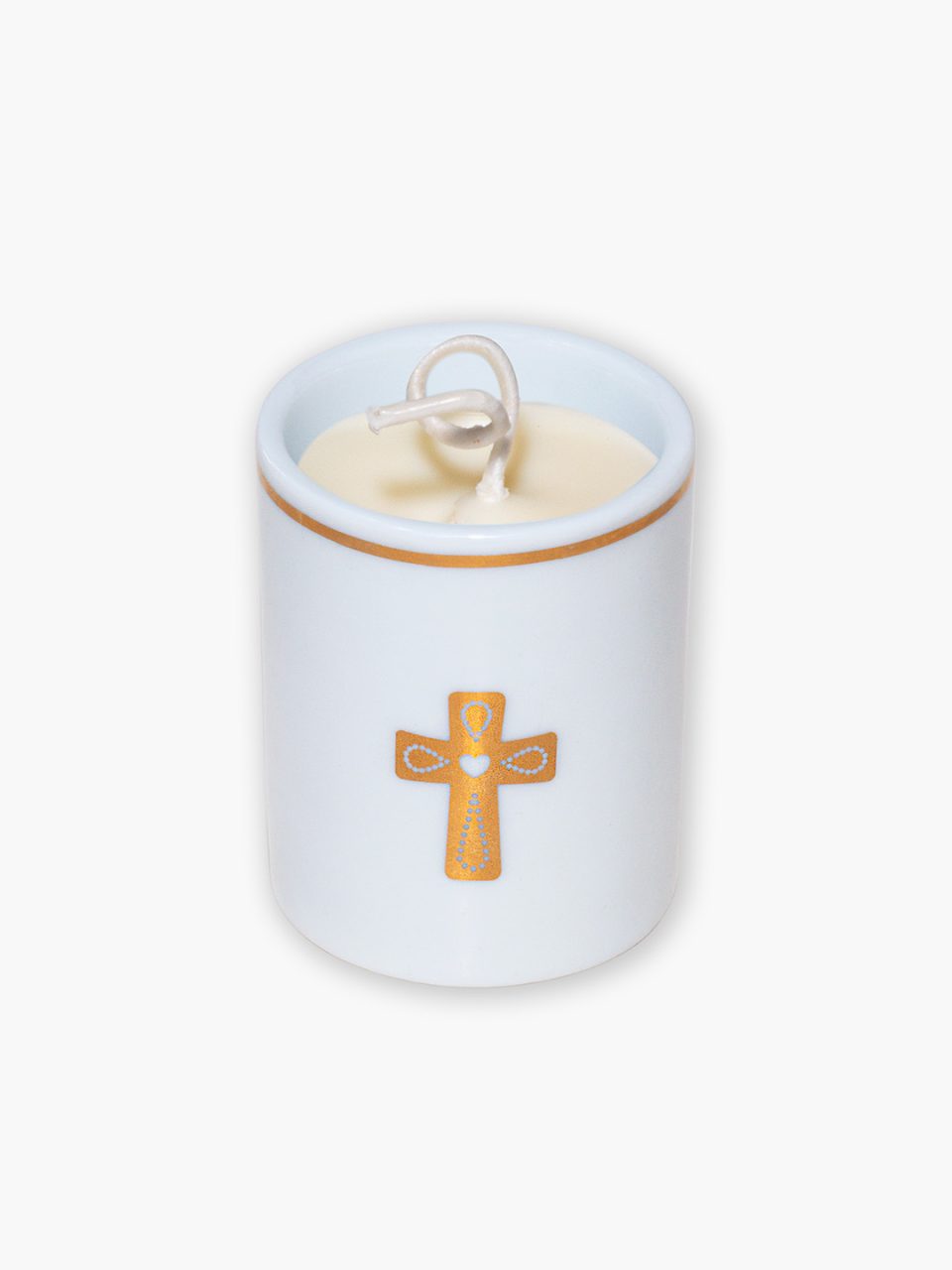 Vela perfumada em porcelana de 100ml com filete de ouro e simbolo crucifixo em ouro