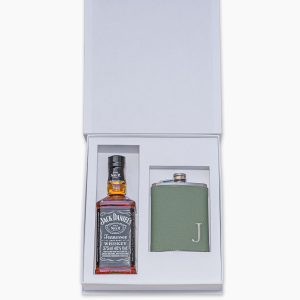 Caixa personalizada Celebrer IX - Solteiro com jack Daniels 375ml e cantil com capa de couro ecológico bordado com inicial