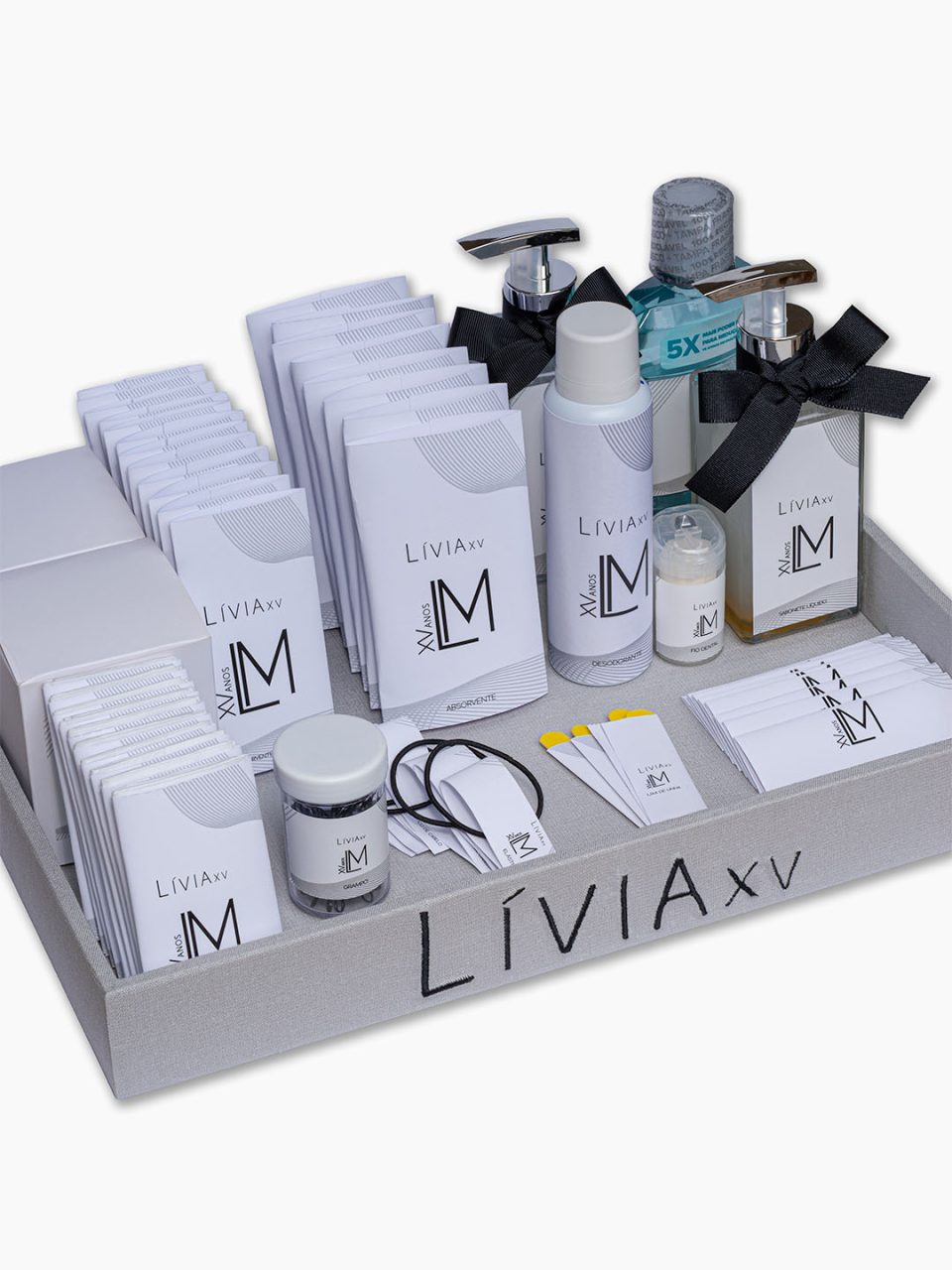 Kit Toalete 15 anos feminino com bandeja de MDF forrada e bordada + 13 itens diferentes personalizados