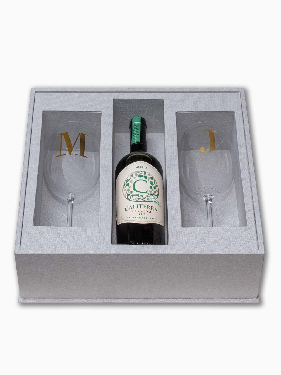 Kit Festejar II - Padrinhos Casal - Caixa MDF com tampa de acrílico e taças de vinho tinto personalizadas