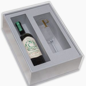 Kit Festejar II - Padrinho / Madrinha solteiro com MDF modelo bandeja com tampa de acrílico e taça de cristal com inicial e filete de ouro