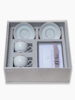 Kit Festejar VII com 2 xícaras personalizadas pires e porta-retrato. Caixa de MDF forrada com tampa de acrílico