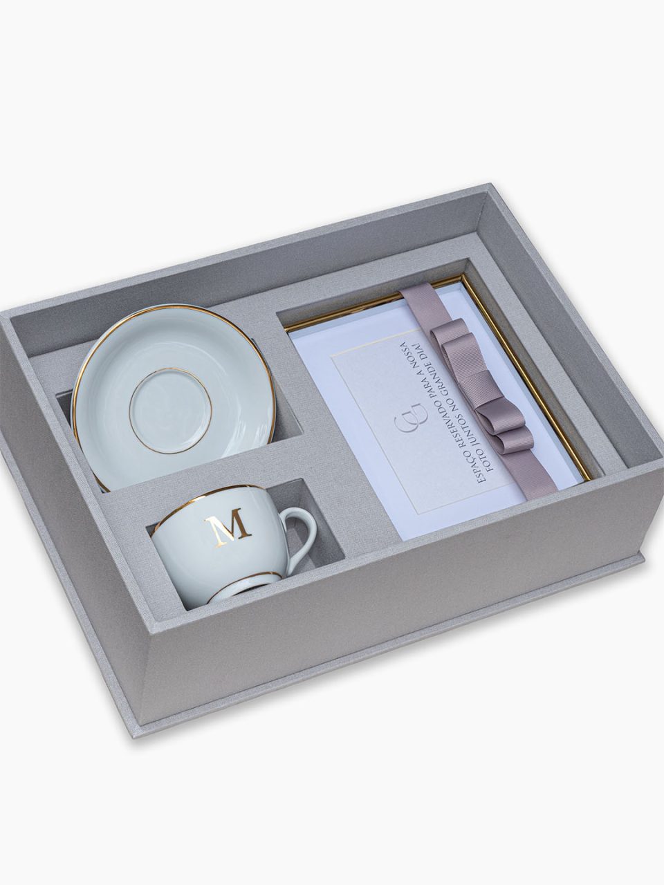 Kit Festejar VII Solteiro - caixa MDF com tampa de acrílico + xícara, pires e porta-retrato