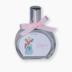 Home Spray Jaime para maternidade da Sofia com rotulo personalizado e fita rosa