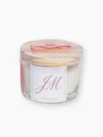 Vela perfumada artesanal com rotulo personalizado e tampa de madeira com fita