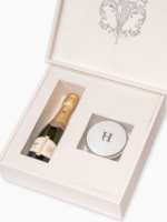 Caixa de MDF forrada para madrinha de casamento com baby espumante e porta joias em porcelana personalizado